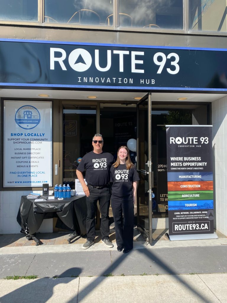 Route 93 new summer student, Emily with Board Chair, Paul Marchildon at Midland's Butter Tart Festival
